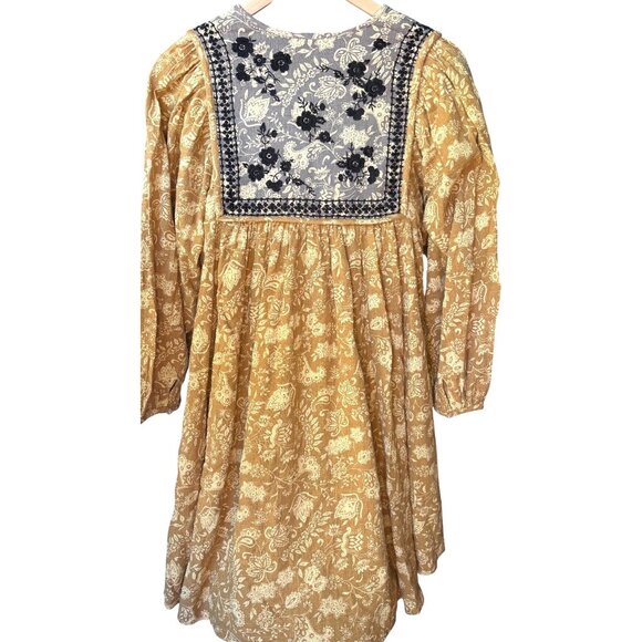 Unsubscribed Cotton Embroidered Mustard Yellow Navy Blue Dress, Size 6 New - Picture 7 of 8